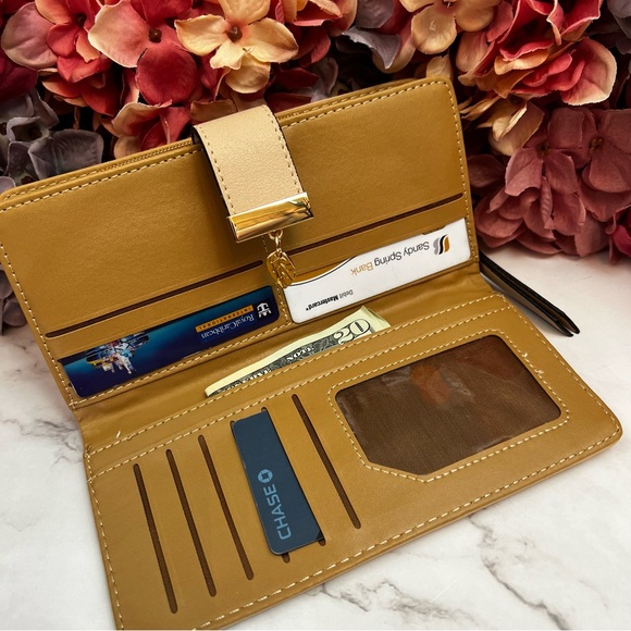 Cinnamon Brown and Gold Leaf Vegan Leather Clutch Wallet - Picture 7 of 16